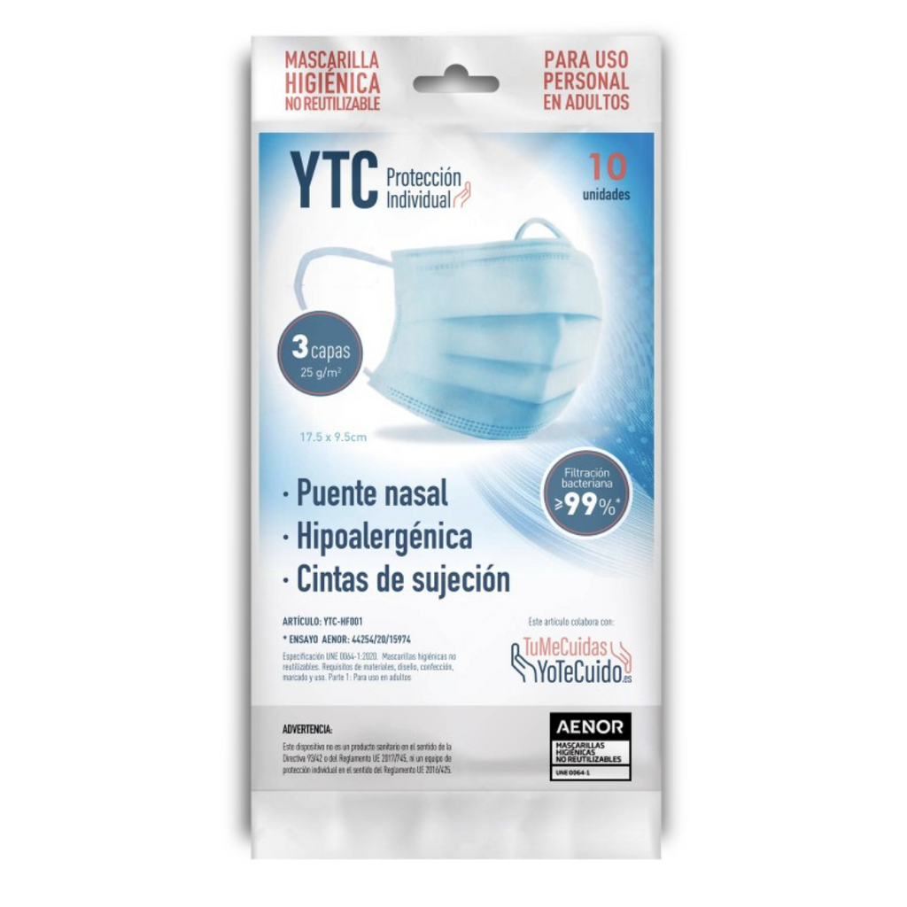 Mascarillas Higiénicas YTC Adulto – Pack 10 Unidades